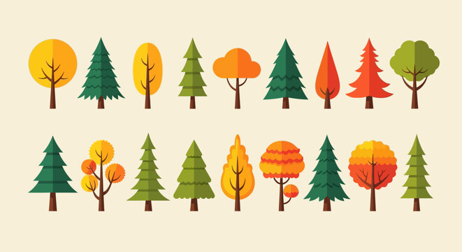 Autumn trees, colorful forest icons, tree silhouettes, fall foliage graphics, vector illustrations
