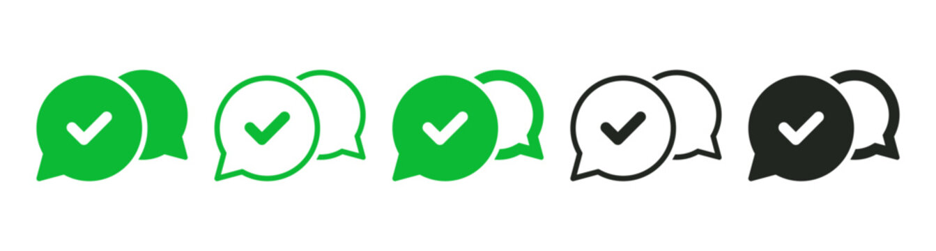Message delivered icons featuring speech bubbles with a checkmark. Vector set in green and black styles for chat status and communication interfaces.