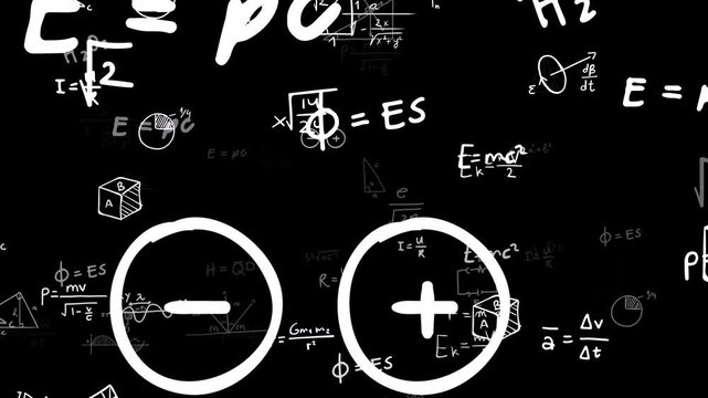 Flying Math and physics formula Equations Changing Fast Overlay Science Symbols. Animated Mathematical Calculation on Black. Thinking hard, confusion, calculating, cognitive, learning, ideas.