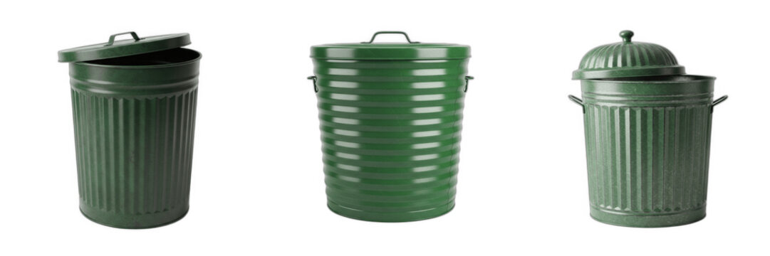 Set of Classic Dark Green Corrugated Plastic Trash Can Waste Bin Utility Asset