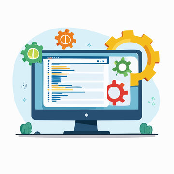 Computer screen displaying code with gears, flat design illustration