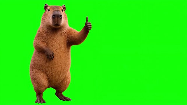 Realistic 3D capybara giving thumbs up gesture with subtle smile, isolated on chroma key green screen background. Real animal character. Photorealistic