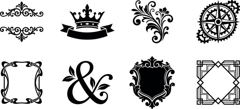 Collection of ornamental frames and heraldic emblems with floral and nautical elements.