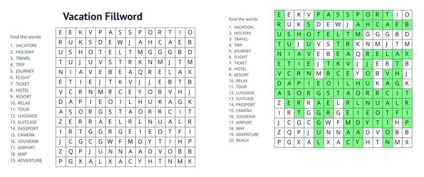 Printable Vacation Fillword crossword with solution on transparent background, perfect for kids games, web design and print editions