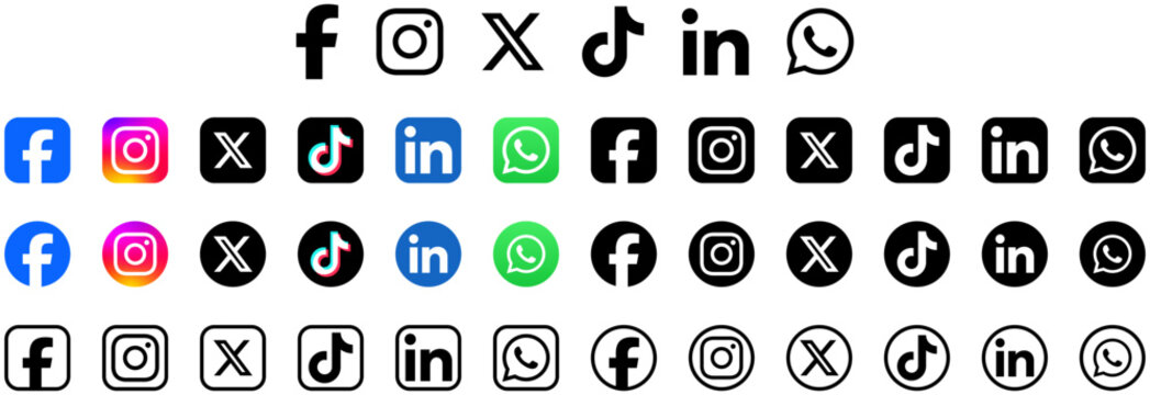 Social Media Logo Button Icons : Facebook, instagram, x, tiktok, linkedin, whatsapp, logo, social media icon sheet with round and square app buttons for editorial layouts, platform references