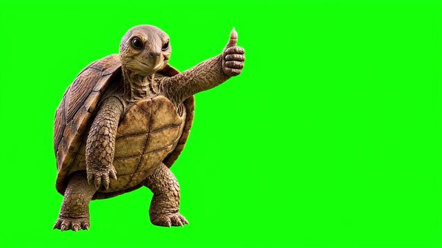 Realistic 3D turtle giving thumbs up gesture with subtle smile, isolated on chroma key green screen background. Real animal character. Photorealistic
