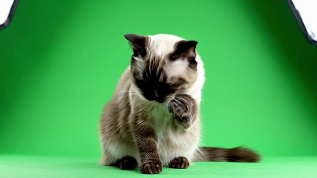 Balinese cat sitting on green screen with bright lights in indoor studio setting
