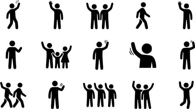 People waving hand silhouette icon set, flat black glyph style, pure white background