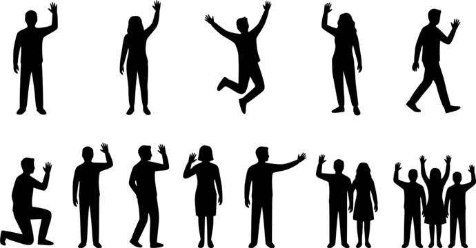 People waving hand silhouette icon set, flat black glyph style, pure white background