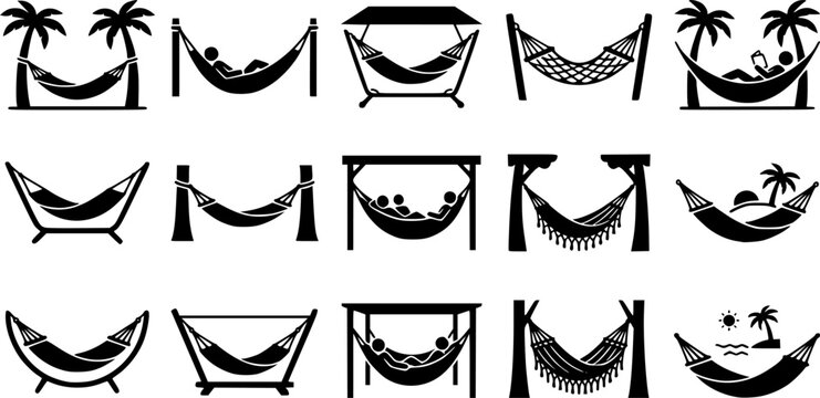Hammock silhouette icon set, flat black glyph style, pure white background