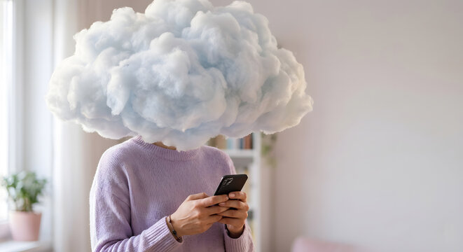 A young woman in a lavender sweater looks at her smartphone, her head replaced by a fluffy blue cloud in this surreal conceptual portrait. Generative AI.
