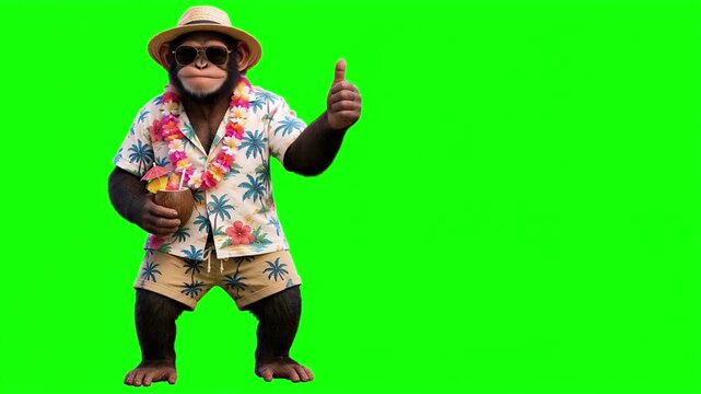 Realistic 3D chimpanzee giving thumbs up gesture with subtle smile in summer vacation outfit, holiday concept, isolated on chroma key green screen background. Real animal character. Photorealistic.