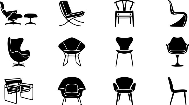 Modern chair silhouette icon set, flat black glyph style, pure white background