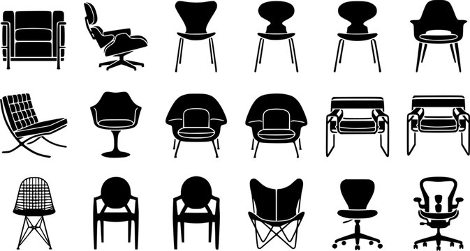 Modern chair silhouette icon set, flat black glyph style, pure white background