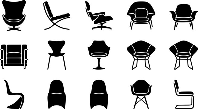 Modern chair silhouette icon set, flat black glyph style, pure white background