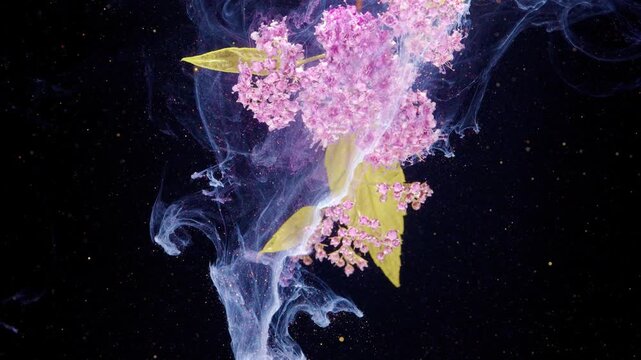 Delicate pink blossoms and pale green leaves float near the top against a deep black background, surrounded by soft translucent smoke wisps and tiny glowing