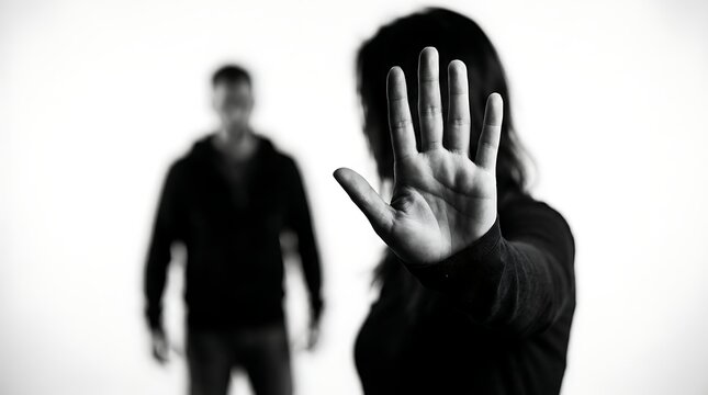 A woman signaling stop with her hand, a concept of ending violence against women and setting boundaries.