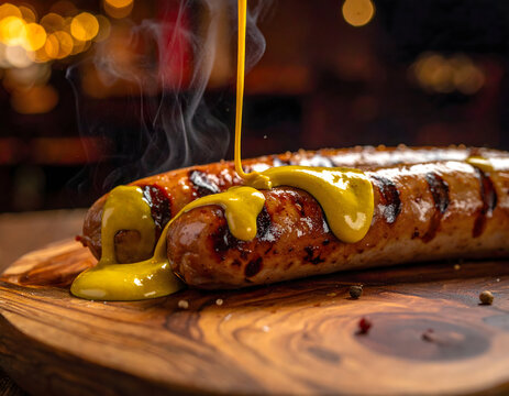 Salchicha alemana bratwurst a la parrilla con mostaza