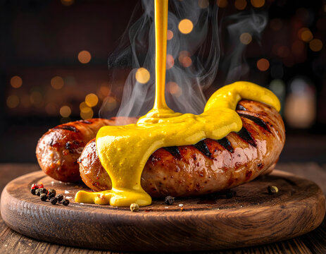 Salchicha alemana bratwurst a la parrilla con mostaza