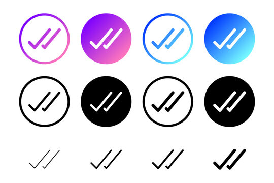 Gradient Double Check Verification Icon Set. Double check icon sheet with gradient circle buttons and monochrome variants for message status, approval, confirmation, and delivery UI.