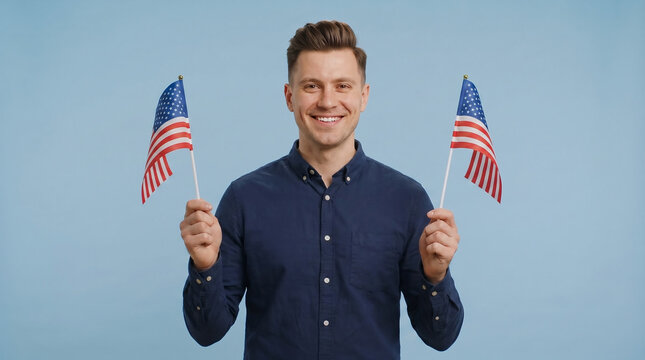 Young adult man holding two small American flags, one in each hand, on soft blue background, patriotic 4th of July portrait celebrating Independence Day, freedom and national pride