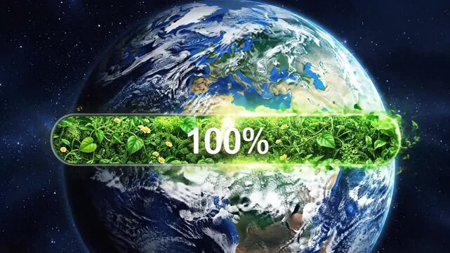 Loading bar animation at space Ecology for VSRExport shows Earth with green elements representing nature and environment concerns