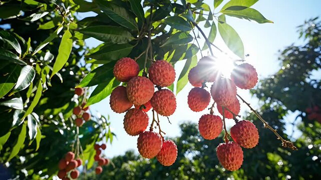 Ripe lychees hanging from tree branch in bright sunlight.