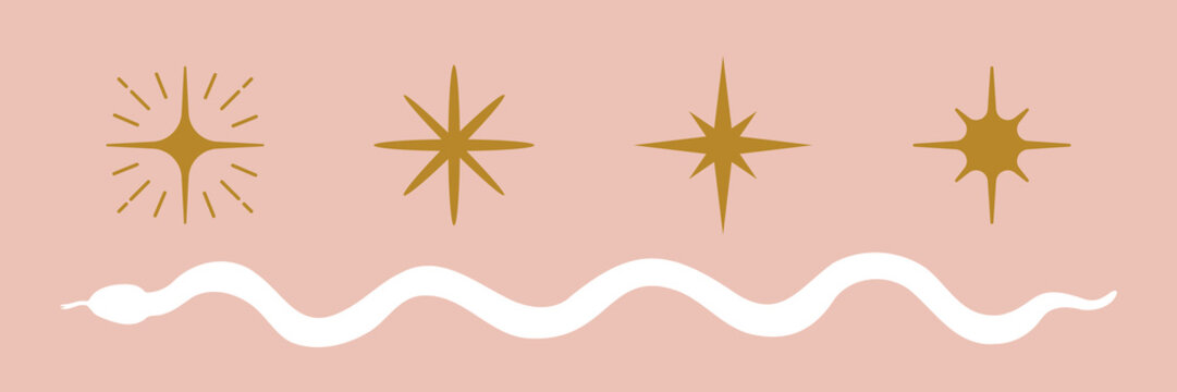 Vector of gold stars and a white snake on a pink background.