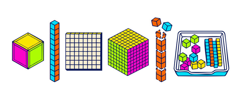 Base ten blocks math manipulatives set for teaching place value, counting, decimals, and elementary mathematics concept illustration on white background. Colorful 3D isometric vector learning tools!
