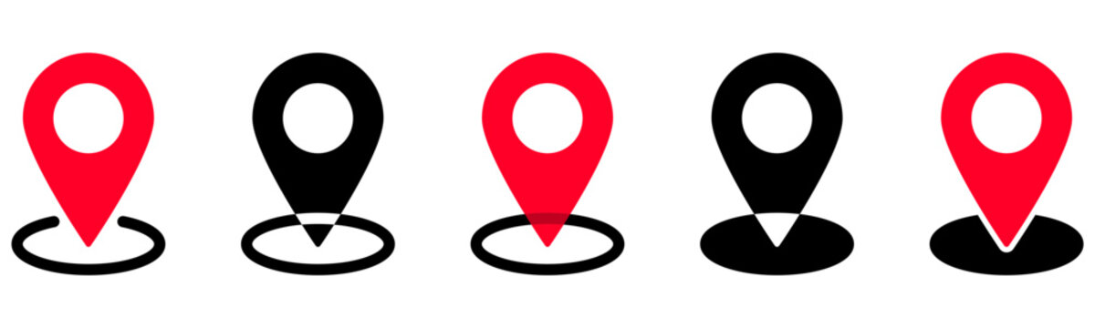 Red Black Map Location Pin Icon Collection. Location icon set in red and black styles for maps, navigation, destination, GPS markers, travel apps, and contact interfaces.