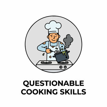 Cooking Skills Questionable Funny Cartoon Icon Vector Illustration of a Messy Chef Failing at the Stove for Design