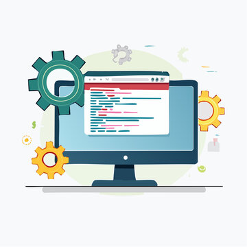 Computer screen displaying code with gears