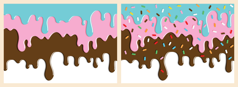 set of dripping delicious pink, blue and chocolate doughnut vector seamless glaze. Sweet dessert background illustration