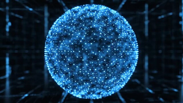 Abstract blue sphere made of points floats in a digital space with lines and patterns around it