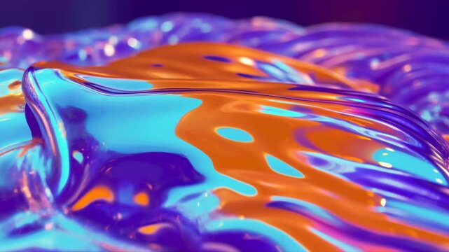 Slow motion macro tracking of iridescent liquid flowing and morphing across glossy reflective surface on studio table top close up with blue orange purple highlights