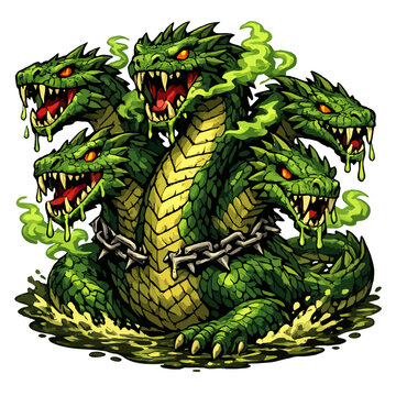 Powerful Green Hydra Monster Vector Illustration with Five Heads and Toxic Smoke