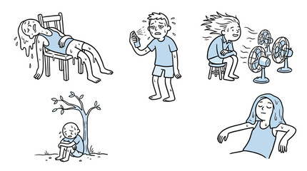 Obraz premium People experiencing summer heat waves and dehydration in various scenes of discomfort and relief outdoors and indoors with fans and trees.