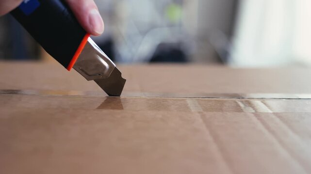 Businessman, man opening big box or cutting with package in warehouse for logistics, return order. Male person, distributor or supplier opening cargo or parcel, courier security distribution