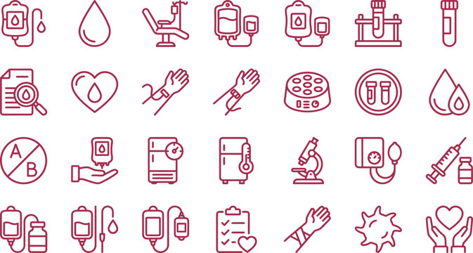 Professional medical vector illustration set featuring various blood donation and laboratory clinical diagnostic science icons