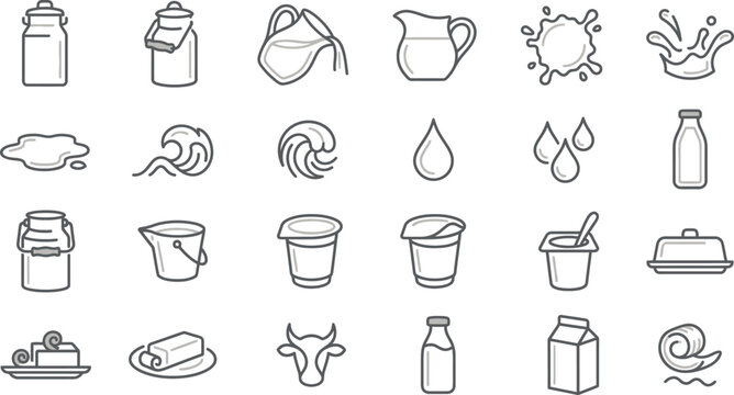 Detailed vector illustration set featuring assorted dairy icons like milk jugs bottles and butter products