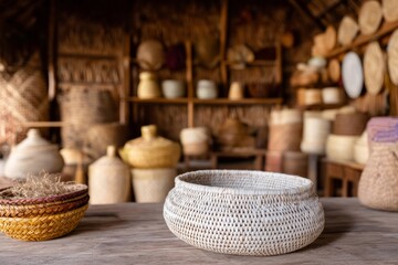 Fototapeta premium Traditional Handwoven Palm Baskets in Rustic Storage Setting Showcasing Cultural Heritage and Craftsmanship