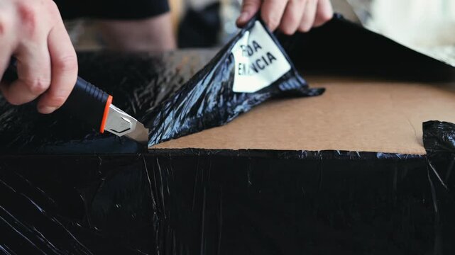 Businessman, man opening big box or cutting with package in warehouse for logistics, return order. Male person, distributor or supplier opening cargo or parcel, courier security distribution
