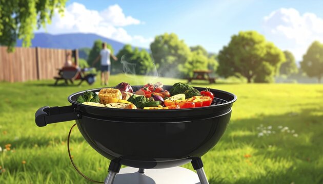 Cooking vegetables on grill outdoors, healthy lifestyle with healthy food, close up of grill with blurred background, soft golden light, picnic in the green park or garden, no people, AI generated