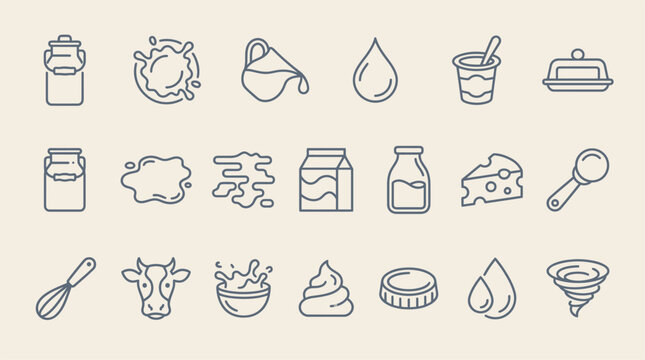 A clean minimal vector illustration set featuring various dairy product icons on a simple grid pattern
