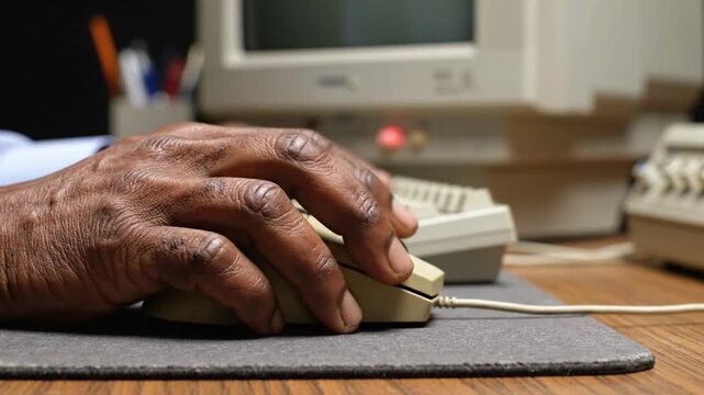 Close up of man using old computer mouse at desk while clicking for a VSRExport task