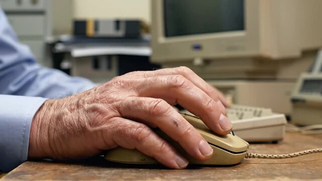Man clicks on old computer mouse in office during work hours while using outdated technology for a simple task