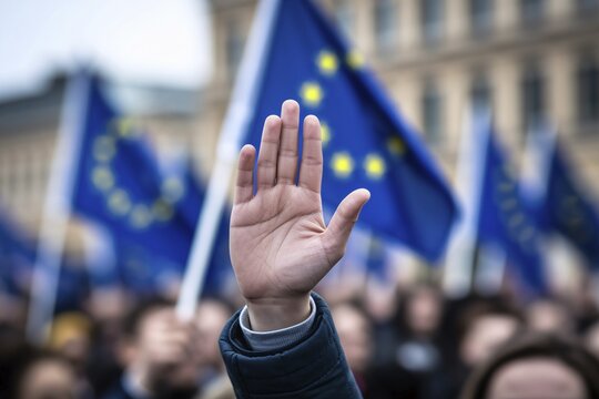 Fascist salute with european union flags in background. generative ai, AI generated