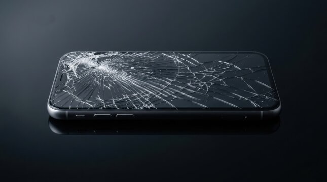 Cracked smartphone screen displaying abstract shattered glass pattern on dark background