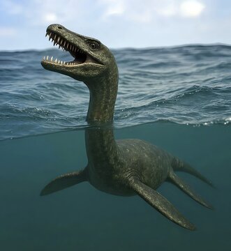 A dinosaur, a plesiosaurus in ocean water, fossil, extinct, prehistoric, Cretaceous, dinosaur, lizard, prehistoric period, paleontology, reptile, marine dinosaur, AI generated
