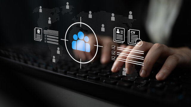 A conceptual digital image illustrating the recruitment process with user profiles, CVs, and networking elements, emphasizing innovation in talent acquisition and online job search. Cyphers